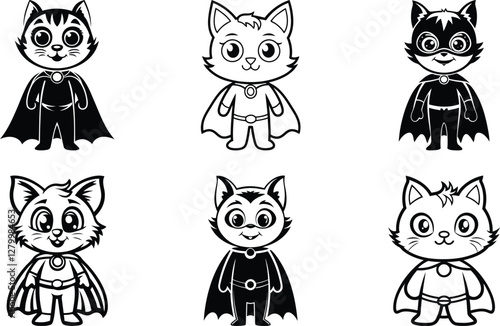 Cute cartoon cat character dressed as a superhero premium quality silhouette and line art vector illustration design set