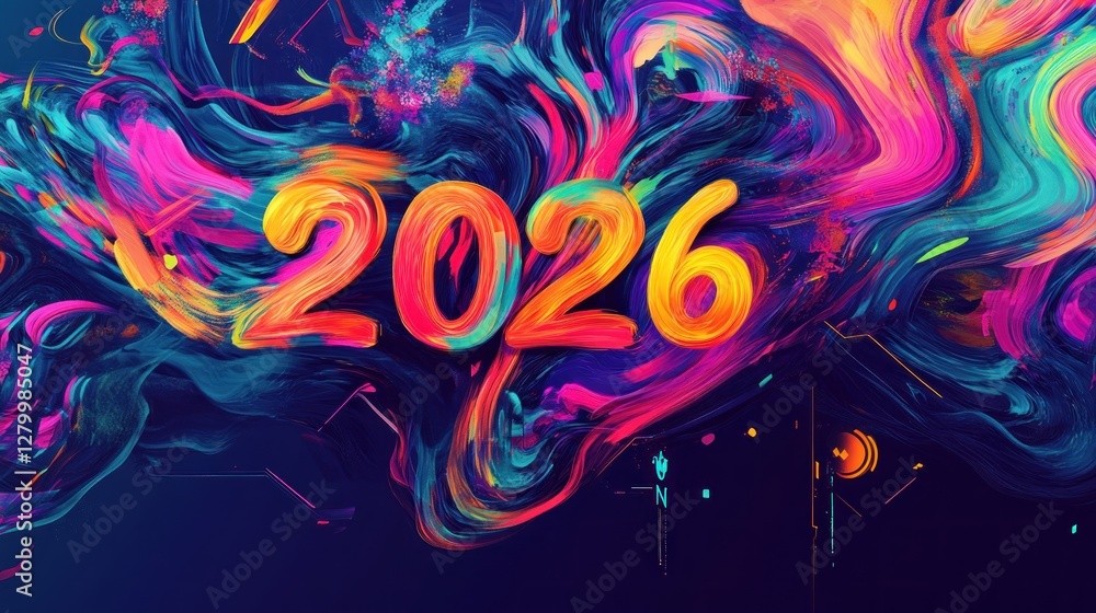 Fototapeta Abstract digital art of the year 2026, vibrant colors, flowing paint textures.
