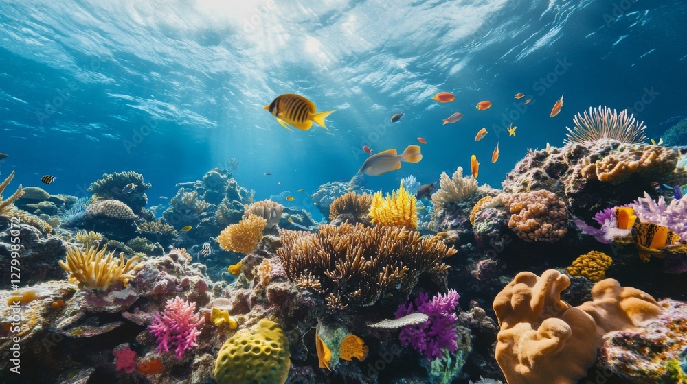 Naklejka premium Vibrant Coral Reef with Colorful Fish Under Tropical Sunlight