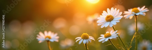Soft chamomile flowers glowing in the warm sunset light, chamomile, flower
