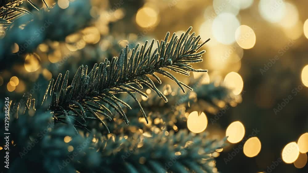  Close-up of a Christmas tree branch with golden bokeh lights, festive holiday atmosphere. High quality 4k footage