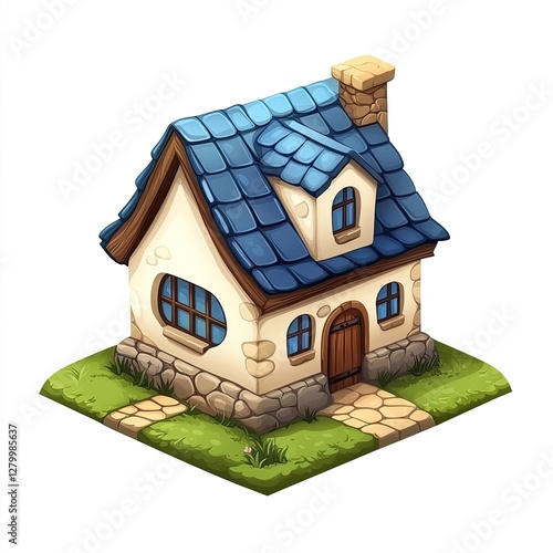 Cute isometric small house on grassy patch, tranquil background