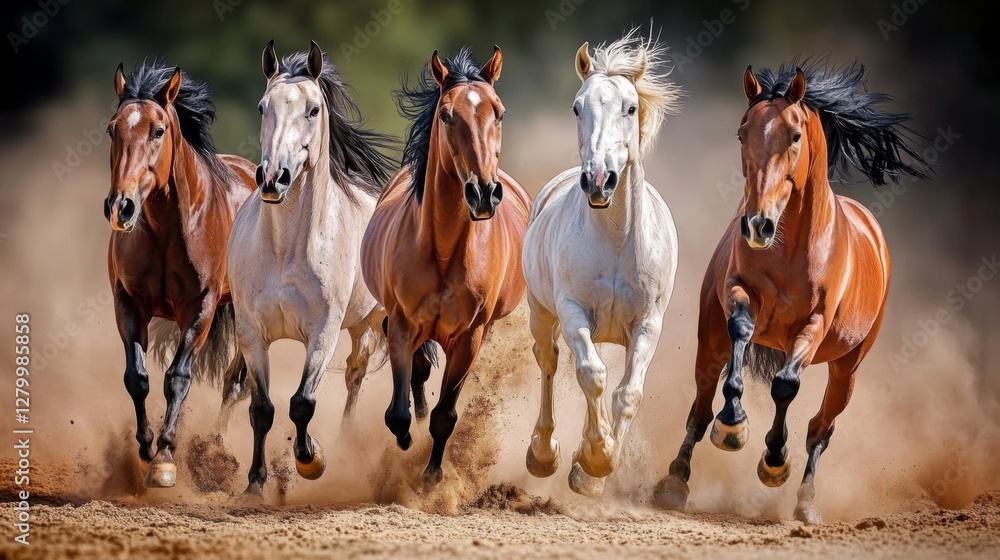 Obraz premium Five Horses Running in Dust on a Sunny Day