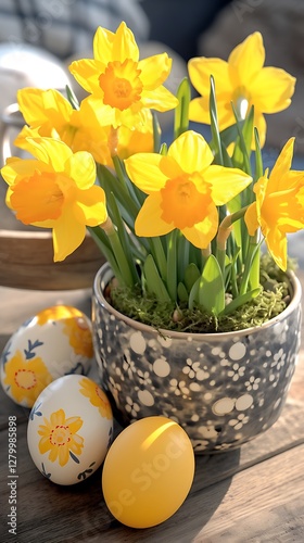 Wallpaper Mural Spring Easter daffodils in decorative pot on wooden table Torontodigital.ca