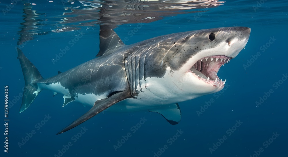Fototapeta premium Powerful Shark Swimming In Deep Blue Ocean With Open Mouth Displaying Sharp Teeth