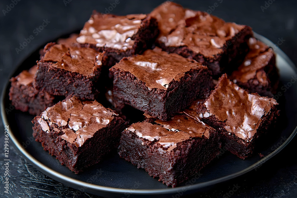 Delicious homemade chocolate brownies stacked high on a black plate Delicious homemade chocolate brownies stacked high on a black plate