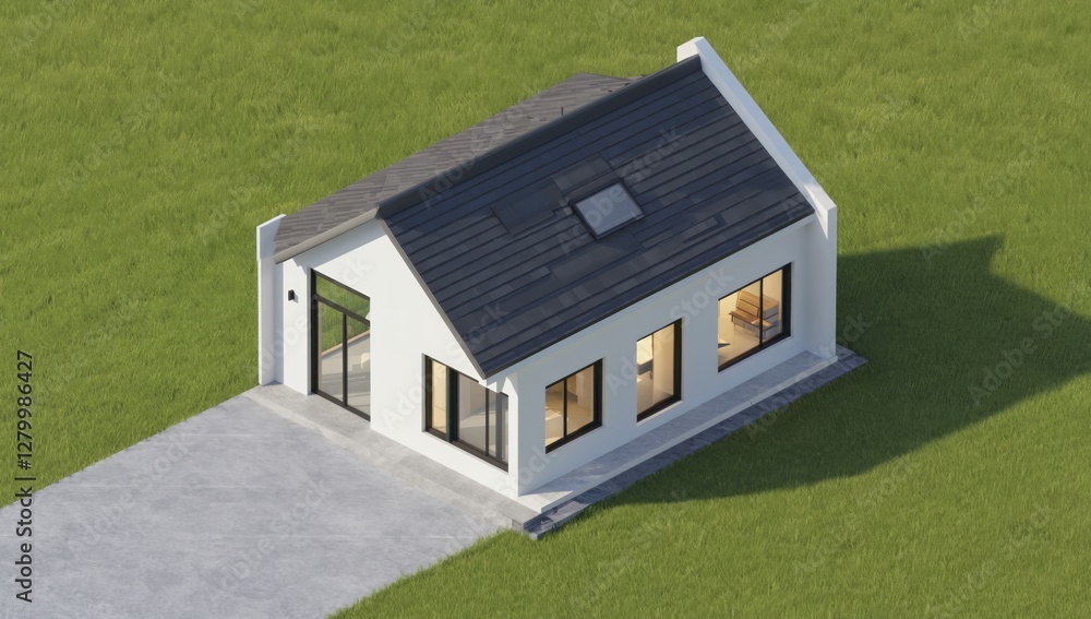 Fototapeta premium Small Modern House on Grassy Lawn. Top-Down View. Possible Use Real Estate Presentation