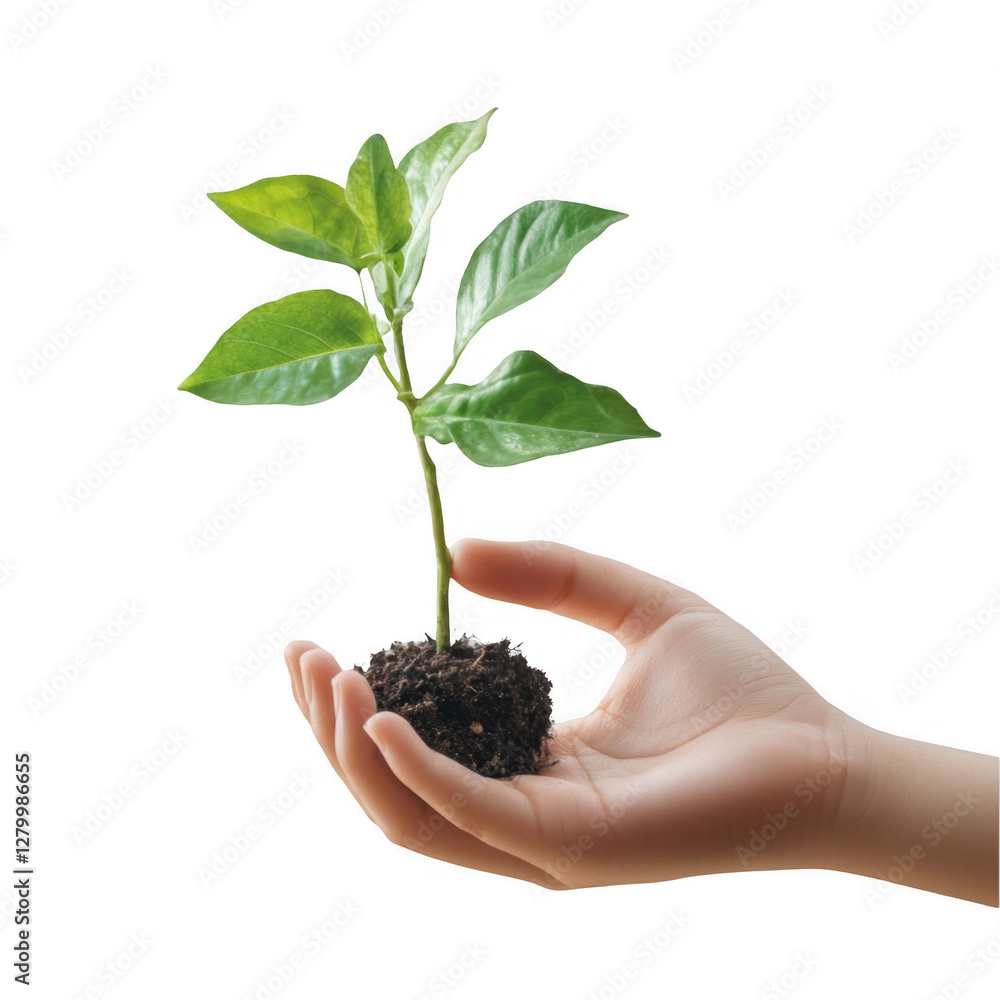 Hand Holding Small Green Plant with Soil Isolated on White Background Hand Holding Small Green Plant with Soil Isolated on White Background