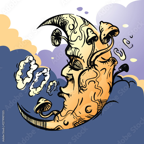 Vibe Moon is dozing and emitting smoke rings. The mushroom moon in the clouds