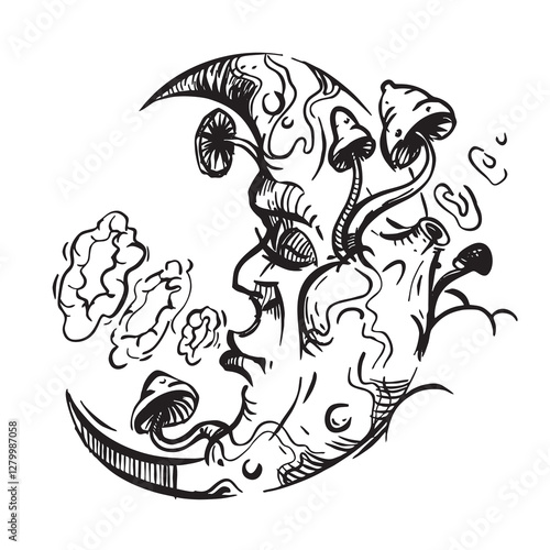 Vibe Moon is dozing and emitting smoke rings. The mushroom moon in the clouds