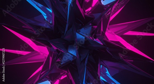 Fototapeta Naklejka Na Ścianę i Meble -  A striking 3D abstract artwork featuring sharp crystalline structures in neon pink and blue, set against a dark background, evoking a futuristic, cyberpunk-inspired aesthetic.