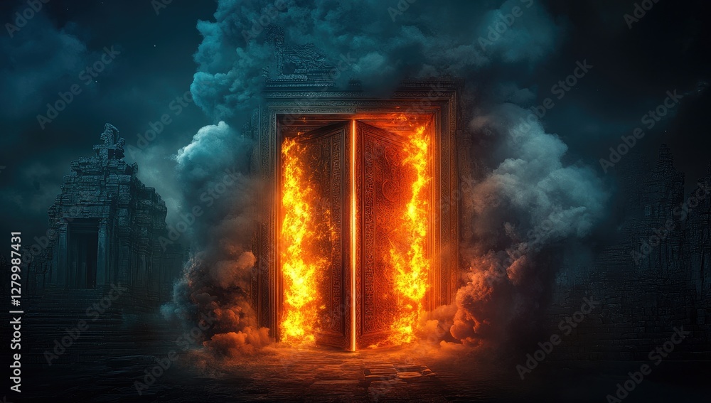 Fototapeta premium Burning Temple Doorway at Night