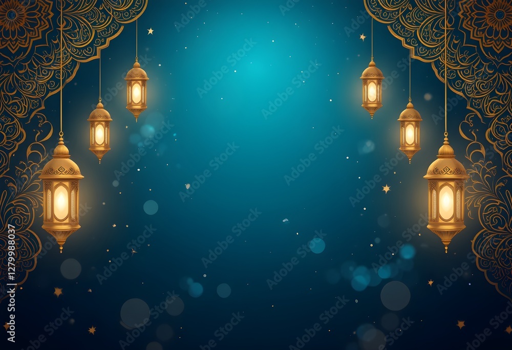 Luxurious Islamic Background with Glowing Golden Lanterns, Ornate Mandala Patterns, and Elegant Blue Night Theme for Ramadan, Eid, and Festive Celebrations Luxurious Islamic Background with Glowing Golden Lanterns, Ornate Mandala Patterns, and Elegant Blue Night Theme for Ramadan, Eid, and Festive Celebrations
