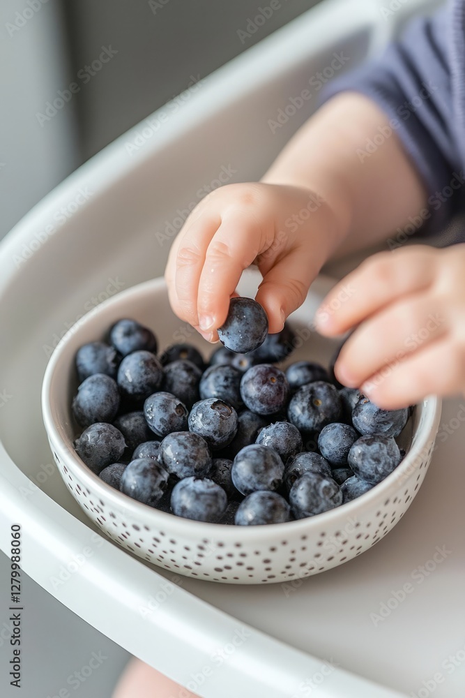 A toddler reaches for a handful of blueberries from a small bowl A toddler reaches for a handful of blueberries from a small bowl