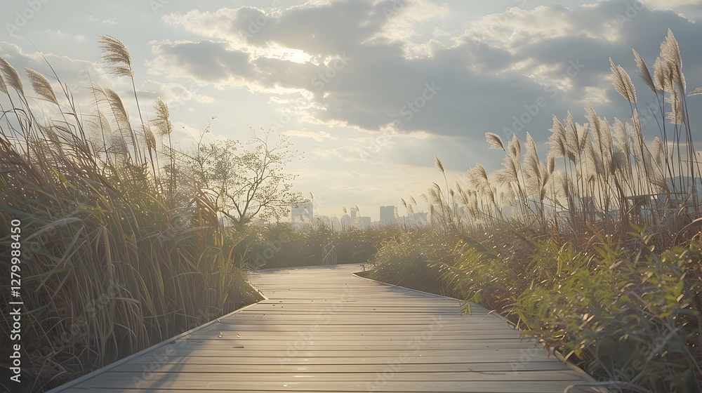 Fototapeta premium Pathway through golden reeds with city skyline in the distance