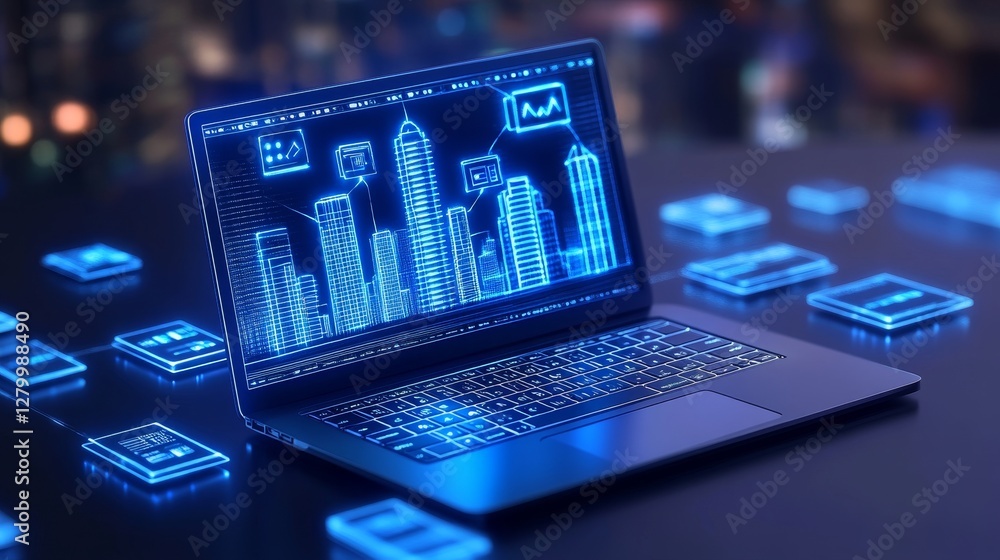 Digital Connectivity Futuristic Laptop Displaying Cityscape and Circuit Board Holograms Reflecting Innovation and Modern Tech Digital Connectivity Futuristic Laptop Displaying Cityscape and Circuit Board Holograms Reflecting Innovation and Modern Tech