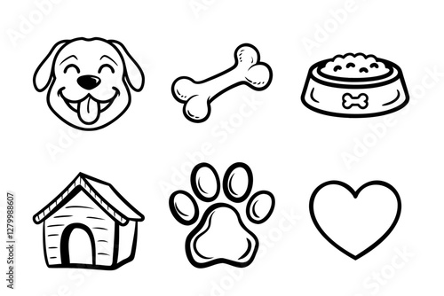 A set of hand-drawn dog and pet care icons, including a happy dog face, bone, food bowl, doghouse, paw print, and heart, in black outline style