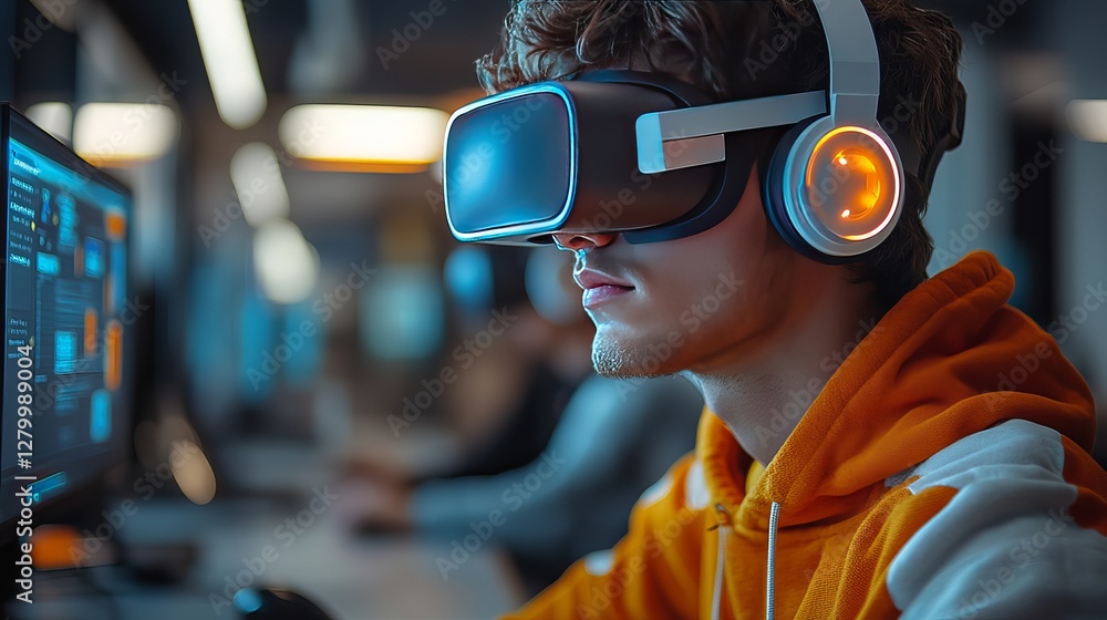 QA Tester Simulating User Interactions in a High-Tech Usability Lab with VR Headsets QA Tester Simulating User Interactions in a High-Tech Usability Lab with VR Headsets