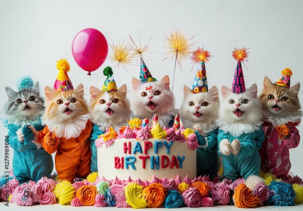 Naklejka premium Adorable Feline Party Celebration with Colorful Birthday Cake, Balloons, and Festive Decorations in a Fun, Whimsical Atmosphere