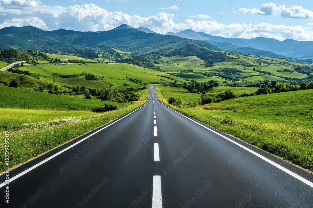 Naklejka premium Asphalt road winding through lush green hills and mountains under a blue sky. Ideal for travel, adventure, and journey concepts.