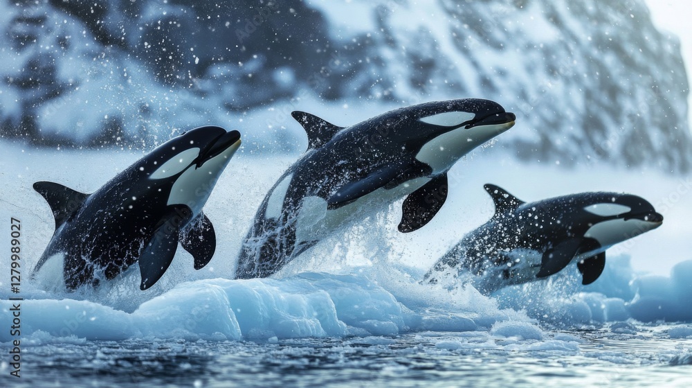 Obraz premium Three Orcas Leap from Icy Water in Arctic