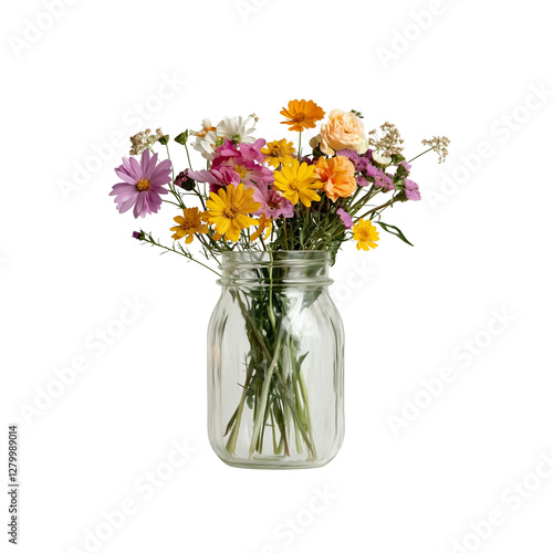 A clear glass jar filled with a vibrant assortment of colorful flowers, showcasing a mix of blooms in various shades.