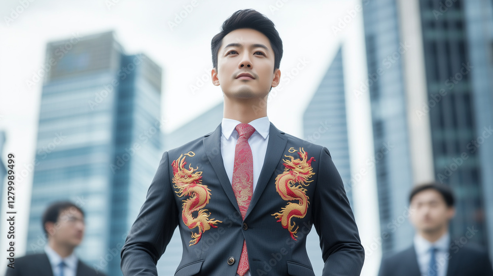 Leading with Vision: A confident business leader, adorned in a tailored suit with intricate golden dragon embroidery, stands tall with unwavering resolve before an urban cityscape. Leading with Vision: A confident business leader, adorned in a tailored suit with intricate golden dragon embroidery, stands tall with unwavering resolve before an urban cityscape.