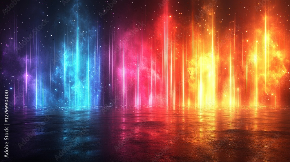 Colorful illuminated streaks of light rising from the surface Colorful illuminated streaks of light rising from the surface