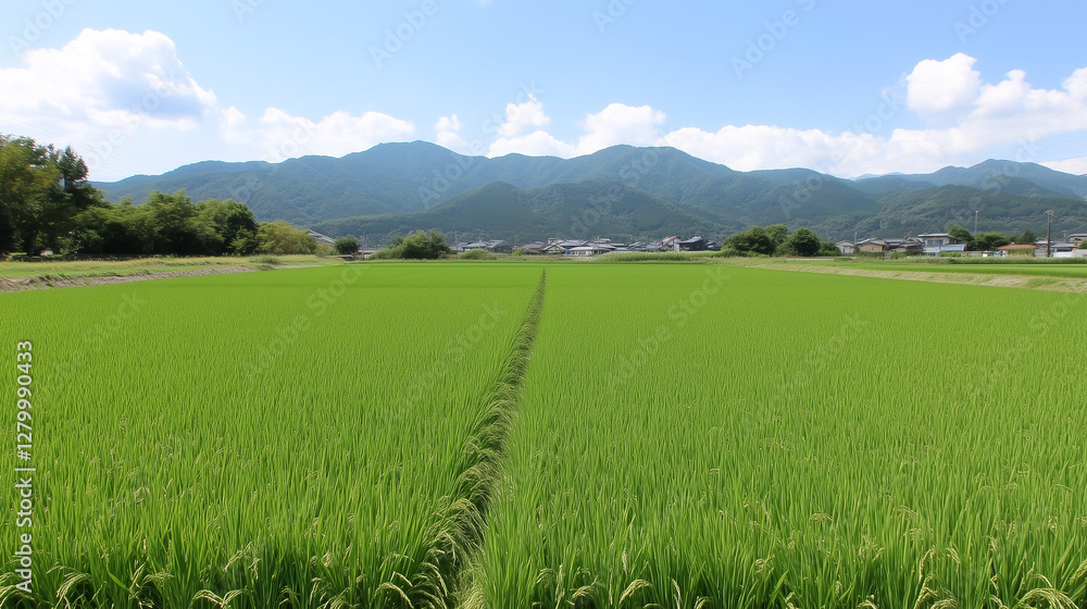 Vast Rice Field Landscape: A vibrant rice field stretches toward distant mountains under a clear blue sky. Vast Rice Field Landscape: A vibrant rice field stretches toward distant mountains under a clear blue sky.