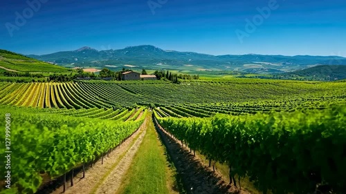 Wallpaper Mural A lush vineyard in summer with rows of green grapevines, an old stone house, and a clear blue sky, evoking rustic countryside charm. Torontodigital.ca