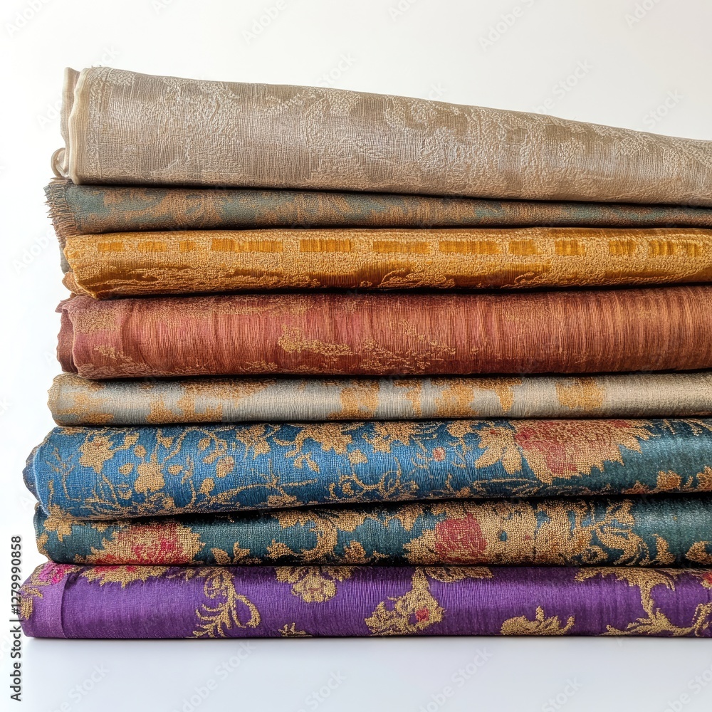 Stacked fabric bolts, various colors and patterns, on white background Stacked fabric bolts, various colors and patterns, on white background