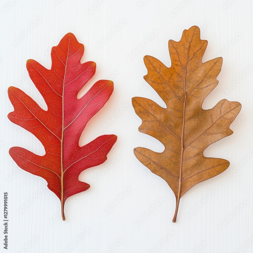 Obraz premium Two Oak Leaves Displaying Autumn Colors Red Brown against White Background