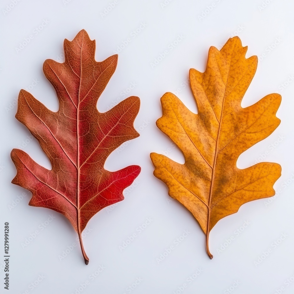 Obraz premium Two Isolated Autumn Oak Leaves Displaying Vibrant Seasonal Red and Yellow Coloration