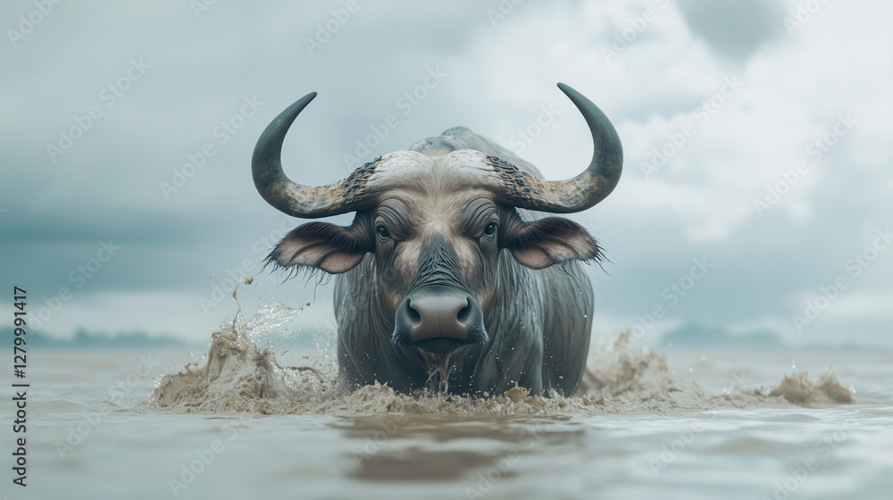 Majestic Buffalo in Water: A powerful water buffalo stands proudly in muddy water, its imposing presence accentuated by large horns and intense gaze, epitomizing strength and resilience. Majestic Buffalo in Water: A powerful water buffalo stands proudly in muddy water, its imposing presence accentuated by large horns and intense gaze, epitomizing strength and resilience.