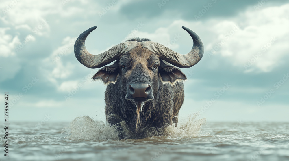 Majestic Buffalo in Water: A powerful African buffalo stands in water, its massive horns and determined gaze capturing the raw essence of the wild. Majestic Buffalo in Water: A powerful African buffalo stands in water, its massive horns and determined gaze capturing the raw essence of the wild.
