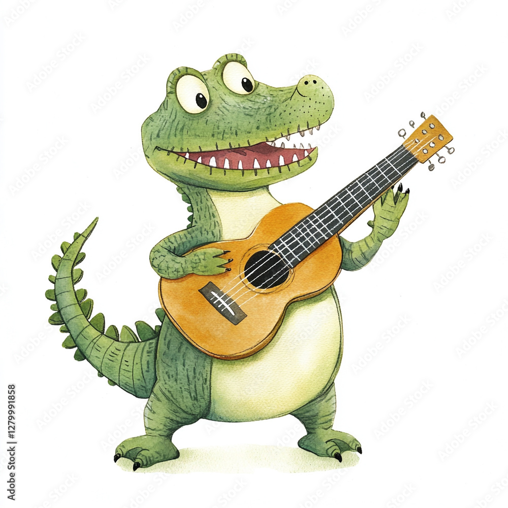 Naklejka premium A Playful Crocodile Strumming a Ukulele in a Minimalist Style Isolated on a Clean Background Perfect for Fun and Quirky Illustrations or Creative Projects