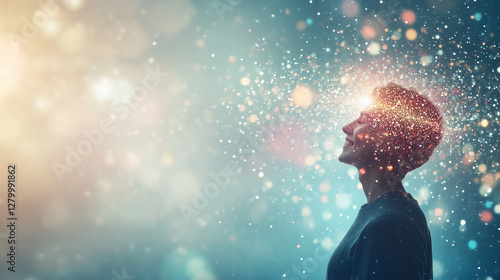 Mindful Journey: The image captures a side profile of a person gazing upward with their eyes closed, their silhouette set against a dreamy backdrop of glittering particles.