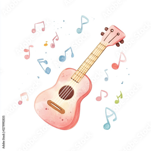 A Beautiful Acoustic Guitar Surrounded by Floating Musical Notes Capturing the Essence of Music and Harmony in a Vibrant and Artistic Composition