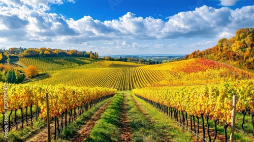 Scenic vineyard landscape in autumn with colorful foliage and a clear blue sky