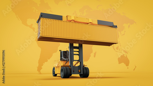 3D Rendering of a Forklift Lifting a Shipping Container.. photo