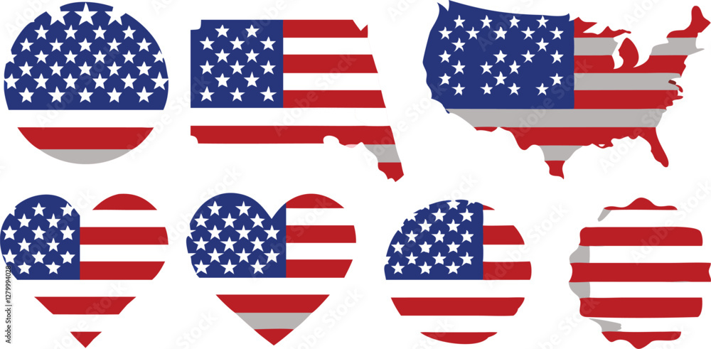 Vector Set of USA Flag Icons in Various Shapes – Heart, Circle, State, and Waving American Flags Vector Set of USA Flag Icons in Various Shapes – Heart, Circle, State, and Waving American Flags