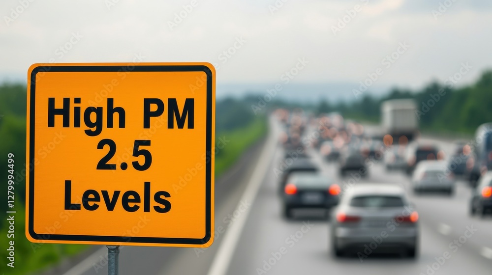 Traffic sign indicating high PM 2.5 levels, reflecting air quality issues in urban environments. Traffic sign indicating high PM 2.5 levels, reflecting air quality issues in urban environments.