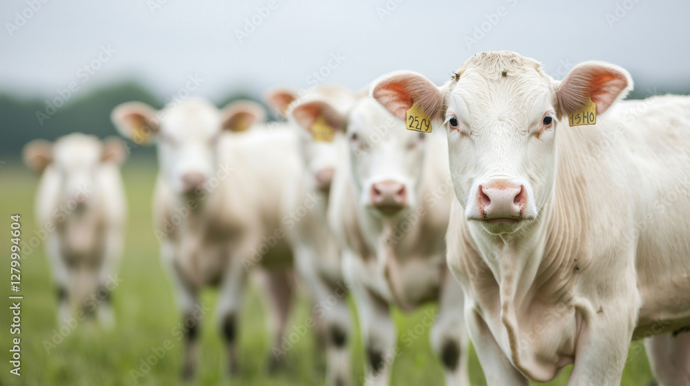 Environmental crisis. Cattle grazing in a lush green field under a cloudy sky.