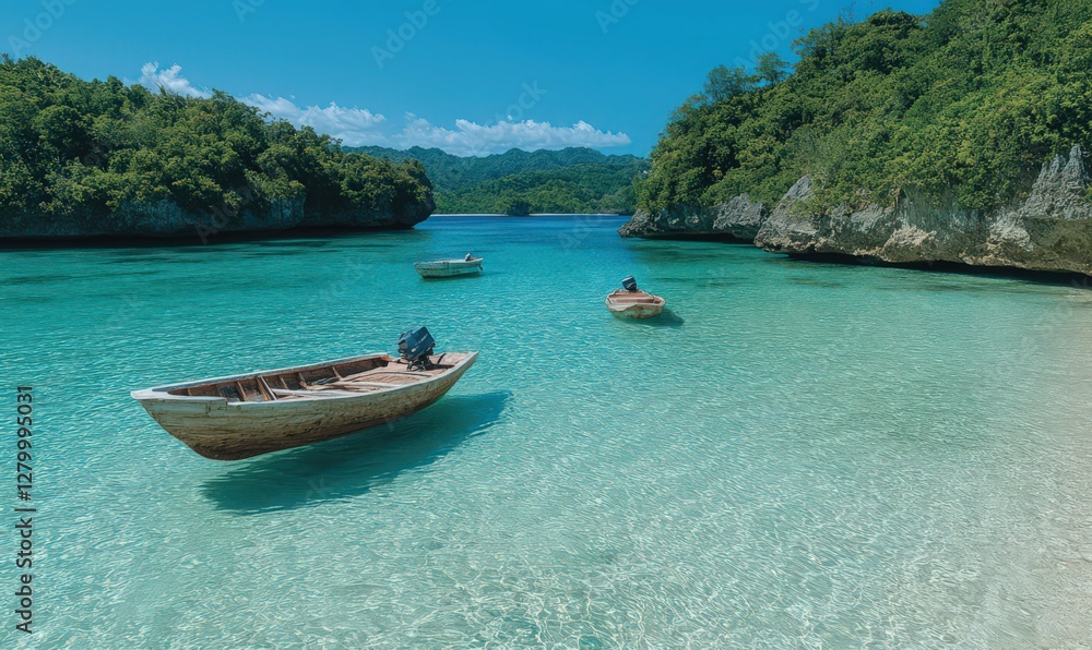 Tropical Island Beach Scene Three Boats in Crystal Clear Turquoise Water Tropical Island Beach Scene Three Boats in Crystal Clear Turquoise Water