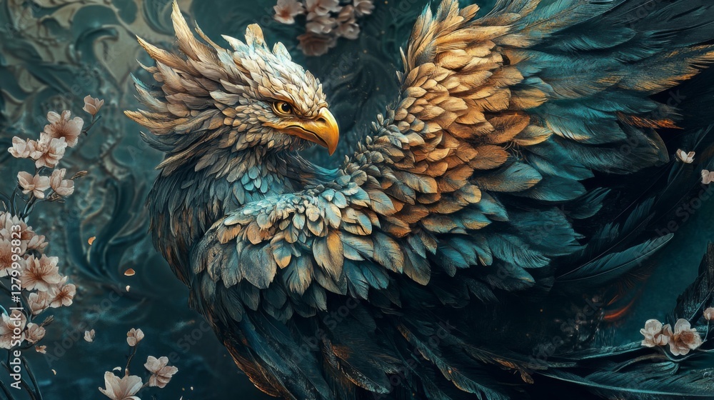 Obraz premium Majestic Mythical Blue Gold Eagle with Cherry Blossoms