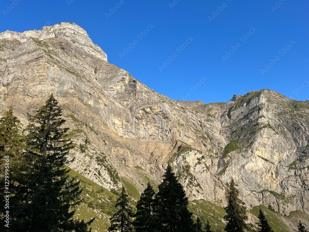Rocky alpine peaks above Lake Melchsee or Melch Lake in the Uri Alps mountain massif, Kerns - Canton of Obwalden, Switzerland (Kanton Obwald, Schweiz) Rocky alpine peaks above Lake Melchsee or Melch Lake in the Uri Alps mountain massif, Kerns - Canton of Obwalden, Switzerland (Kanton Obwald, Schweiz)