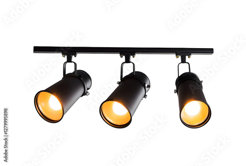 Three Industrial Style Ceiling Mounted Spotlights Illuminated in Warm Light.
