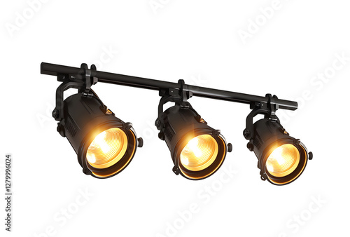 Three Industrial Style Ceiling Mounted Spotlights Illuminated in Warm Light.