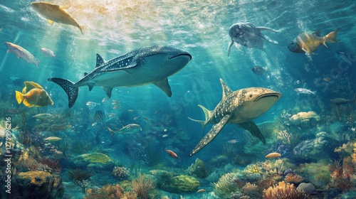 Vibrant Underwater Scene with Whale Shark and Reef Fish