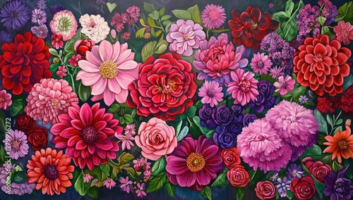 Wallpaper Mural Vibrant floral wall art, lush blooms, dark background, detailed painting Torontodigital.ca
